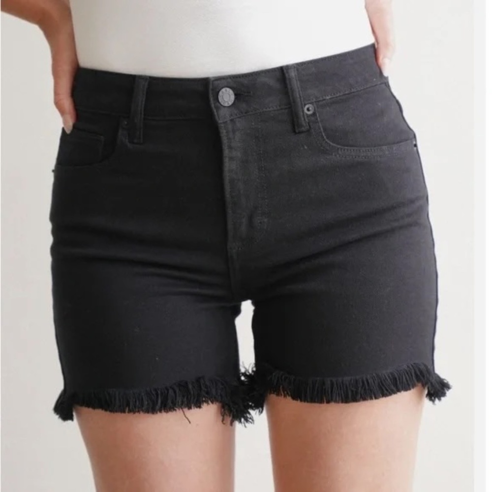 Carly Jean Los Angeles Black High-Rise Frayed Hem Denim Shorts